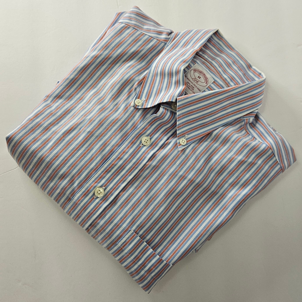 Men's Brooks Brothers Button Down Poplin Shirt - Blue/Orange/White Striped - M -